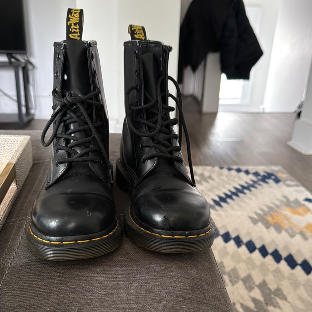 Dr. Martens Black Leather Boots with Yellow Stitching